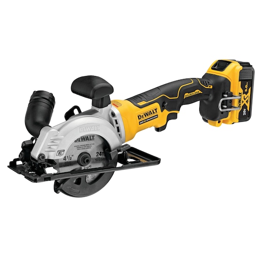 A DEWALT cordless circular saw with a brushless motor, featuring a yellow and black design, a side handle, and a 20V XR lithium-ion battery attached.
