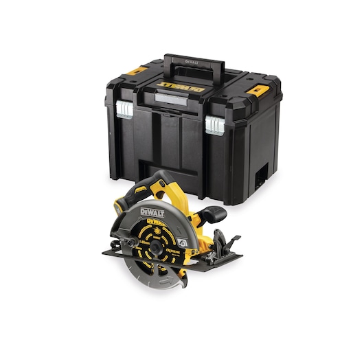A DEWALT cordless circular saw with a black and yellow carrying case. The saw has a silver blade and the DEWALT logo is visible on both the saw and the case.