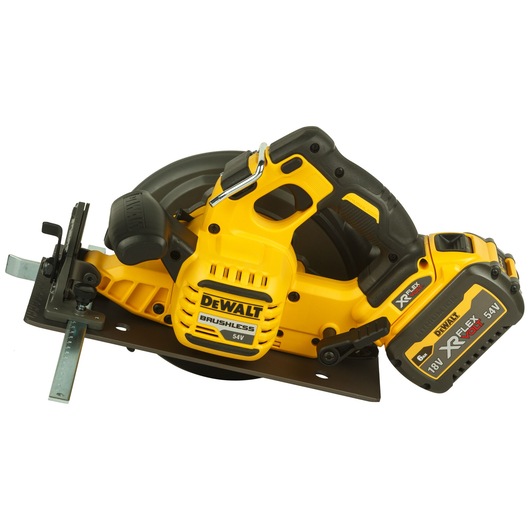 A DEWALT cordless brushless circular saw with a 54V XR FlexVolt battery, featuring a yellow and black design.