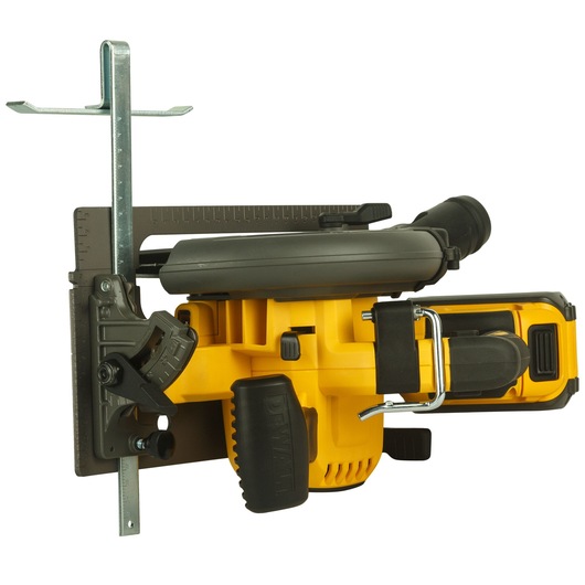 A DEWALT DCS575T2 cordless circular saw is shown in close-up, highlighting its yellow and black body, handle, and adjustable metal guide. The saw is positioned horizontally for display.