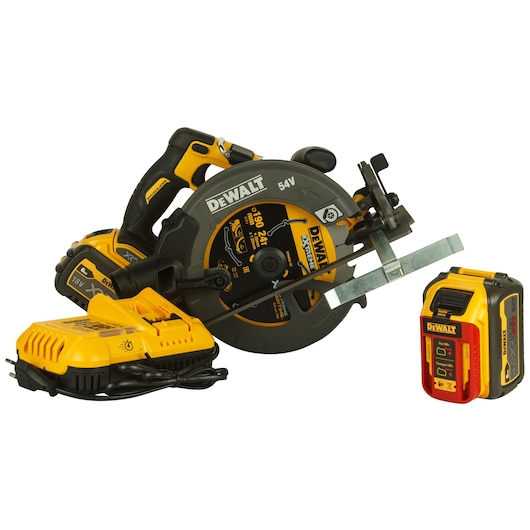 A DEWALT cordless circular saw kit, including a circular saw, a battery, and a charger. The saw is black and yellow in color and is shown with accessories, suitable for woodworking or construction tasks.