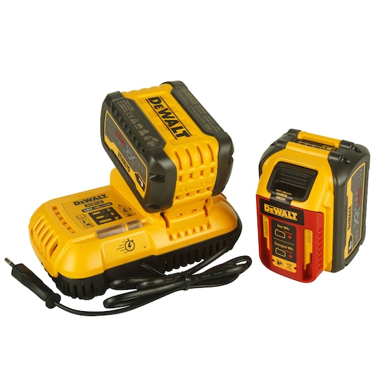 DEWALT battery pack and charger set, featuring two yellow and black batteries and a matching charging base with cables. The items are arranged on a plain white surface.