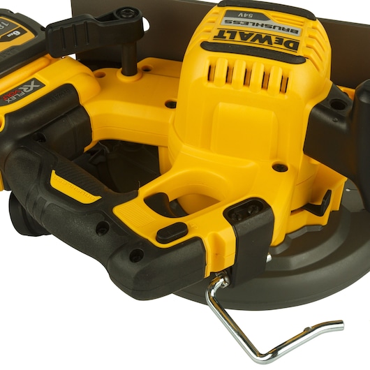 Close-up image of a DEWALT cordless brushless circular saw, featuring yellow and black detailing, ergonomic handle, and visible blade guard.