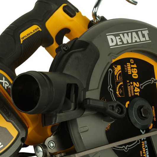 Close-up of a DEWALT brushless cordless circular saw, featuring a black and yellow handle and blade cover. Details of the blade, dust extraction port, and part of the saw's branding and relevant specifications are visible.