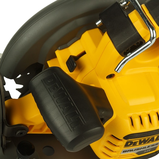 Close-up of a DEWALT cordless circular saw showing the handle and power unit in yellow and black color.