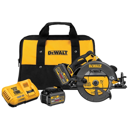 DEWALT cordless circular saw kit including a yellow and black carrying bag, a battery charger, two batteries, and a circular saw, all displayed together.