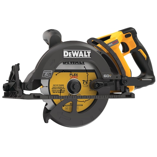A DEWALT DCS577B 60V FlexVolt cordless circular saw, showing its blade, handle, and safety features.