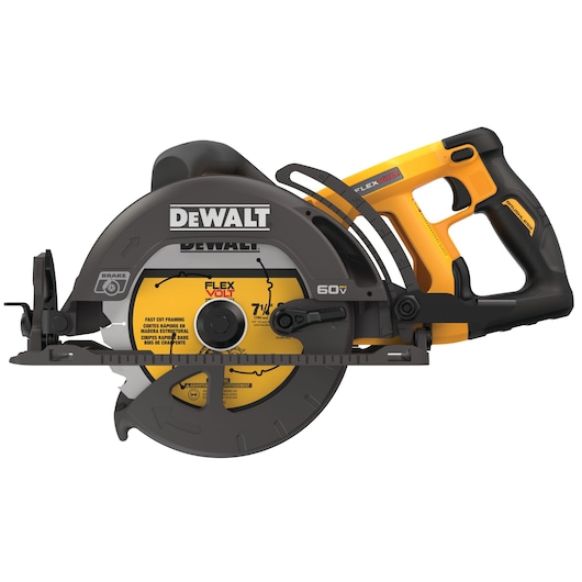 A DEWALT 60V FlexVolt cordless circular saw with a yellow and black handle, featuring a 7-1/4 inch blade and sidewinder design. The model is marked DCS577B.