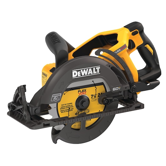 A DEWALT cordless circular saw with a black and yellow design, featuring a visible blade guard and handle. The saw is labeled FLEXVOLT and 60V, and is intended for cutting wood and other materials.