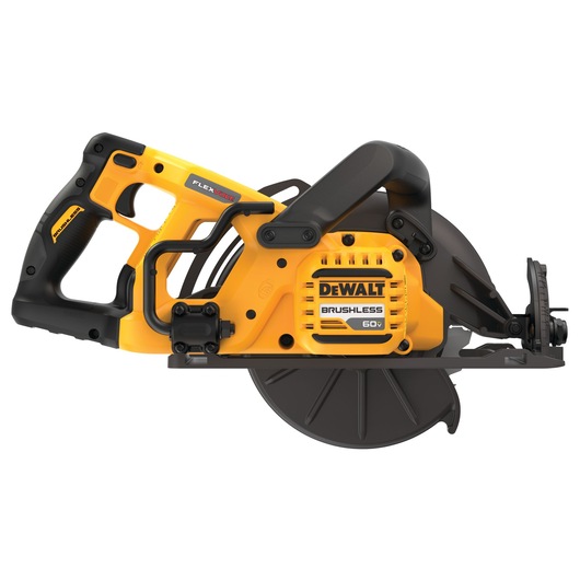 A DEWALT DCS577B brushless cordless circular saw with a yellow and black design, featuring a side handle and labeled with 60V FLEXVOLT power.