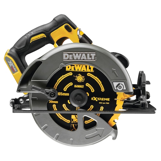 DEWALT cordless circular saw DCS578NT with brushless motor, yellow and black, suitable for cutting wood.