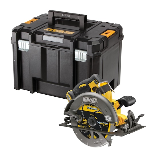 Photo of DEWALT DCS578NT cordless circular saw and black tool case, front angle, yellow and black design.