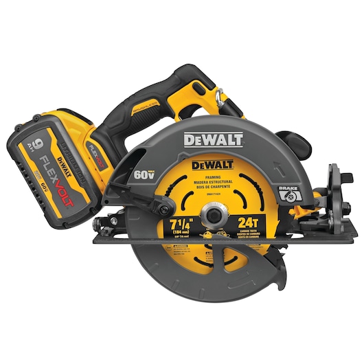 A DEWALT 60V cordless circular saw with a 9.0 Ah FLEXVOLT battery, featuring a 7-1/4 inch 24-tooth blade. The saw is black, yellow, and gray with visible branding and specifications.