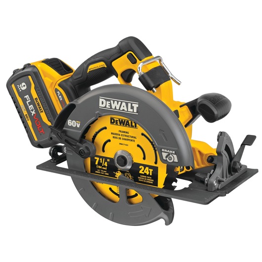 A DEWALT DCS578X1 60V cordless circular saw with a FlexVolt 9.0 Ah battery attached. The tool features a yellow and black design, a brushless motor, and a 7-1/4 inch (184 mm) blade designed for framing tasks.