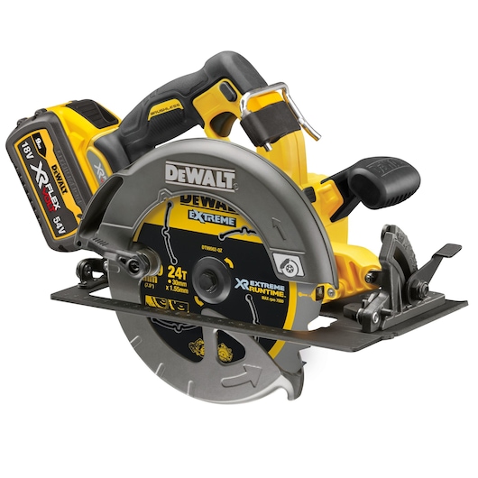 Photo of DEWALT circular saw, DCS578X2-GB, DCS578X2, yellow/black, side angle, visible 54V XR FLEXVOLT battery.