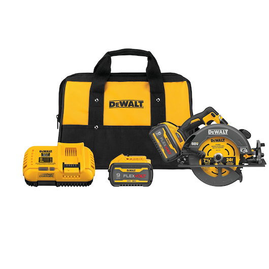 A DEWALT tool kit including a yellow and black carrying bag, a cordless circular saw, two FLEXVOLT batteries, and a fast charger, all arranged together.