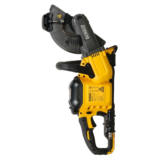 A DEWALT DCS690N yellow and black cordless cut-off saw, shown upright with visible blade guard, handle, and labeling on the body. The saw is designed for heavy-duty cutting tasks.