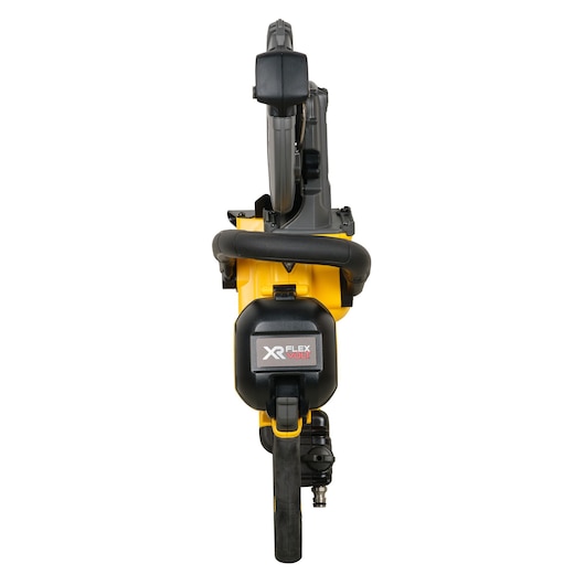 Front view of a DEWALT XR FlexVolt cordless power saw, featuring a yellow and black design with prominent handle and blade guard.