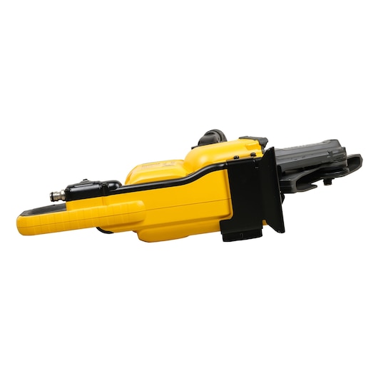 A yellow and black DEWALT power tool, model DCS690N, shown from the side against a white background. The tool has a long handle and engine housing, with a cutting blade attachment visible.