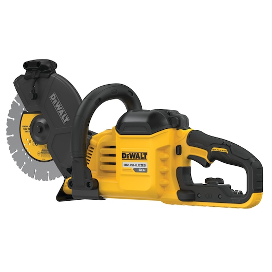 A DEWALT 60V brushless cordless cut-off saw featuring a yellow and black design, ergonomic handle, and circular blade.
