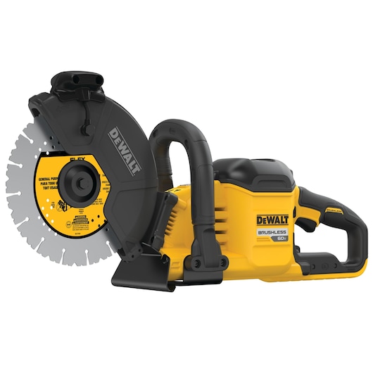 A DEWALT DCS690X2 60V brushless cordless cut-off saw with a yellow and black body, featuring a large circular blade and ergonomic handles for construction or demolition tasks.