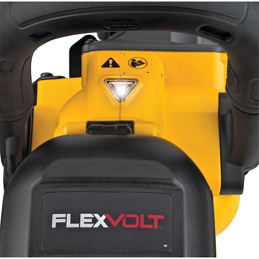 Close-up image of a DEWALT FLEXVOLT power tool showing the handle, yellow body, warning labels, and FLEXVOLT branding.