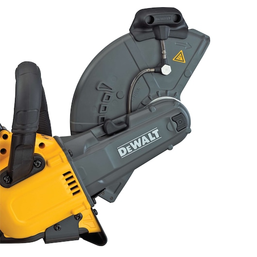 Close-up of a DEWALT power tool, featuring a yellow and gray design with a handle and protective guard. The brand logo DEWALT is displayed prominently on the tool.