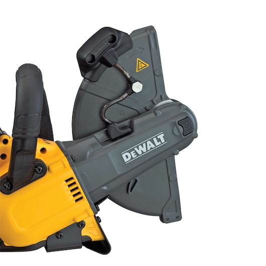 Close-up image of a DEWALT DCS690X2 power tool, featuring a yellow and black body with a prominent handle and blade guard, designed for cutting tasks.
