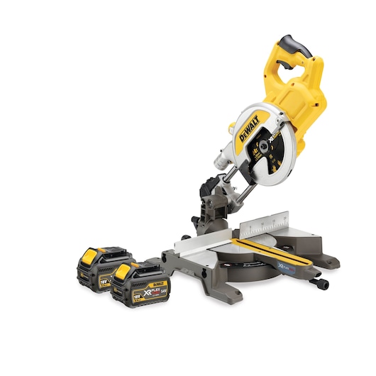 A DEWALT cordless miter saw with a yellow and black design, accompanied by two XR FLEXVOLT 18V 5.4Ah lithium-ion batteries placed nearby.