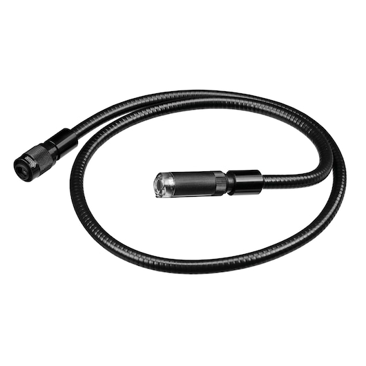 A black flexible inspection camera cable accessory with a lens on one end, designed for photography and inspection purposes.