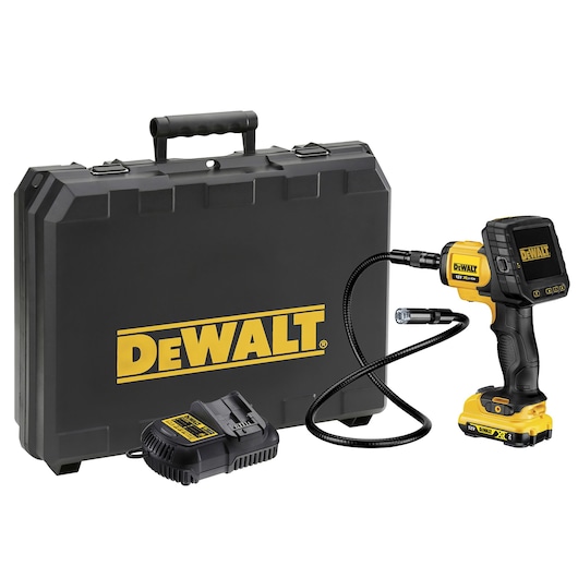 A DEWALT inspection camera kit, including a black hard carrying case with the DEWALT logo, a yellow and black inspection camera with a flexible cable, and a black charger.