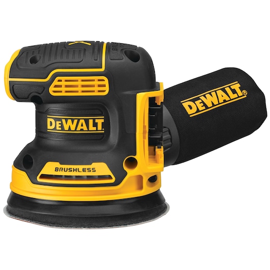 A DEWALT cordless brushless orbital sander with a dust bag attached. The tool is black and yellow, with the DEWALT logo prominently displayed on the side and dust bag.