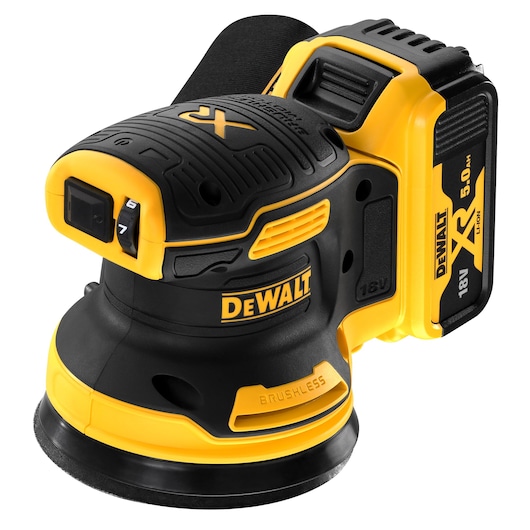 A DEWALT cordless orbital sander, model DCW210P2, featuring a brushless motor and an 18V XR lithium-ion battery. The tool is mainly yellow and black with DEWALT branding.