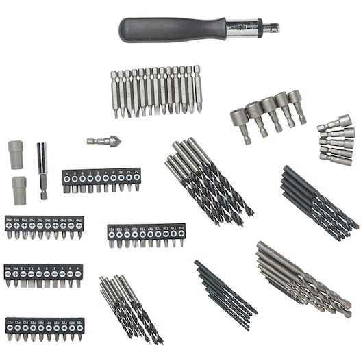 A DEWALT photography product kit featuring multiple drill bits, screwdriver bits, socket attachments, a ratcheting screwdriver handle, and various bit holders arranged on a white background.