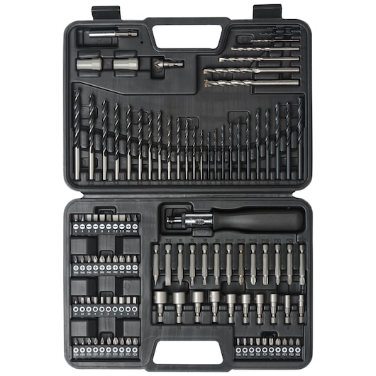 A DEWALT branded drill and screwdriver bit set in a black plastic carrying case. The case contains various drill bits, screwdriver bits, a handle, socket adapters, and other accessories neatly organized in compartments.