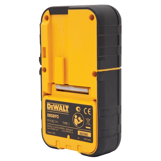 Back view of a DEWALT DE0892 receiver for laser levels, featuring a yellow and black casing with product information and regulatory markings.