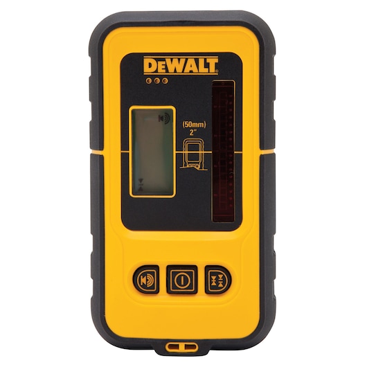 A close-up view of a DEWALT DE0892 handheld electronic laser detector with a yellow and black casing. The device features a digital display screen, three function buttons, and indicator marks on the front panel.