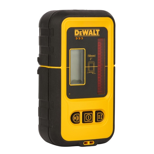 A yellow and black DEWALT laser detector with a digital display and control buttons on the front, used for detecting laser lines in photography or construction.