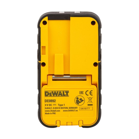 Back view of a DEWALT DE0892 photography accessory with a yellow casing, showing the model label, technical information, and manufacturer details.