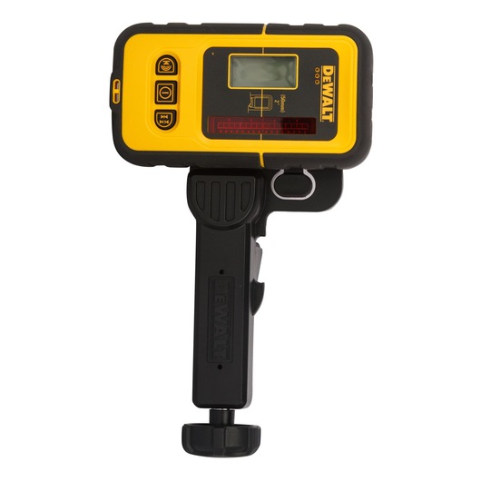 A DEWALT DE0892 yellow and black laser detector for photography and construction applications, featuring a digital display and control buttons.