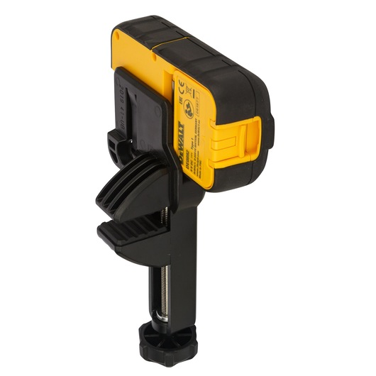 A DEWALT DE0892 clamp-on laser detector for photography and construction, featuring a yellow and black durable casing with an adjustable mounting clamp.