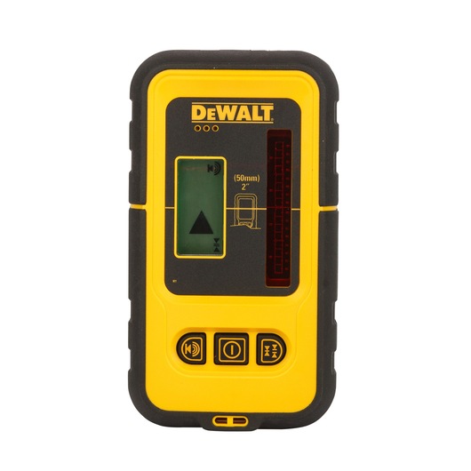 Front view of a DEWALT DE0892 laser detector, a yellow and black handheld device used for detecting laser lines in photography and construction.