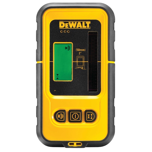Front view of a DEWALT handheld digital device, model DE0892-XE, featuring a yellow and black casing, a display screen, indicator lights, and three control buttons at the bottom.