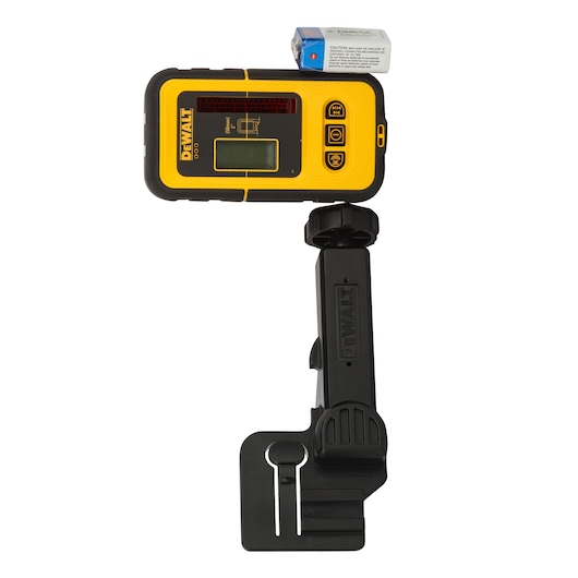 A DEWALT DE0892 laser detector with mounting bracket and battery visible on top, designed for use with DEWALT laser levels, photographed against a white background.
