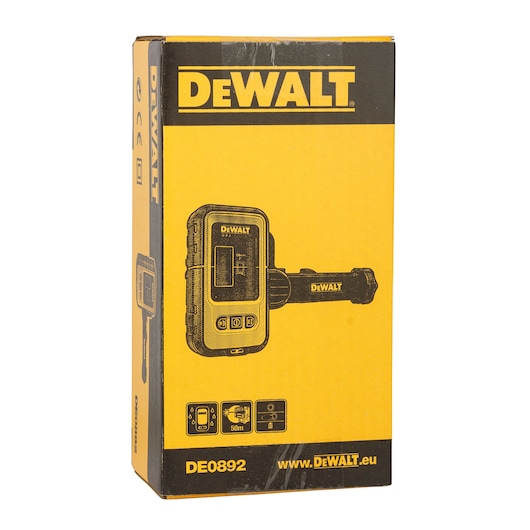 Product packaging for the DEWALT DE0892, which appears to be a yellow and black box featuring an image and symbols for a photography-related accessory. The box displays the brand name DEWALT, product code DE0892, and some technical information, such as range and compatibility.