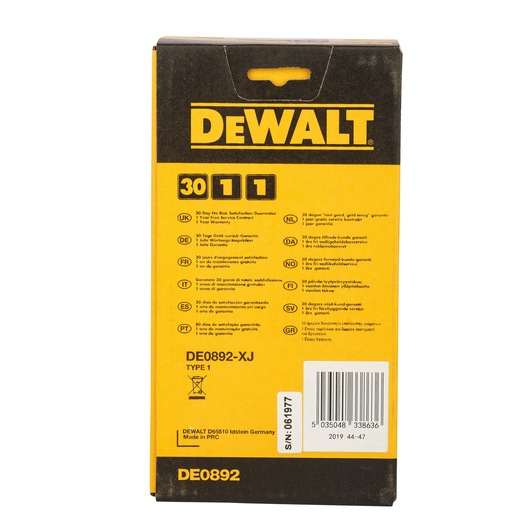 Back of a DEWALT DE0892 product box, mostly yellow with black section at the top. The DEWALT logo is prominent, along with icons and descriptions detailing warranty policies in several languages. The SKU DE0892 and a barcode label are visible at the bottom.