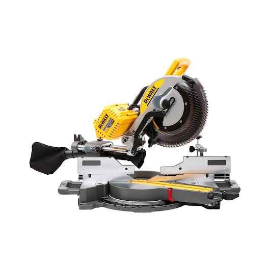 A DEWALT branded sliding compound miter saw with a yellow and black design, shown on a white background. The saw features a circular blade, a dust collection bag, and adjustable supports for precise cutting.