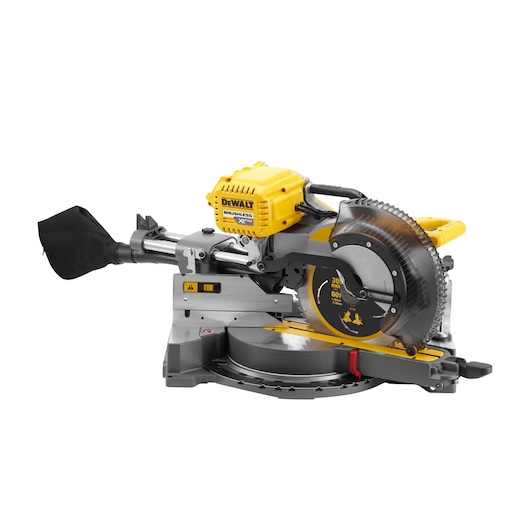 A DEWALT DHS780N sliding compound mitre saw, featuring a yellow and black design with a circular saw blade, dust collection bag, and an adjustable cutting arm.