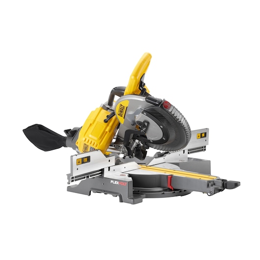 A DEWALT sliding compound miter saw, model DHS780N, with a yellow and black design and FLEXVOLT branding. The saw is positioned at an angle, highlighting its adjustable arm and blade guard.