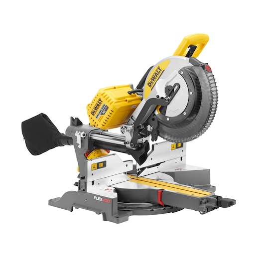 A DEWALT DHS780N compound sliding miter saw featuring a yellow and silver color scheme, with a prominent circular blade, dust collection bag, and adjustable cutting arm. The saw is equipped with FLEXVOLT battery technology, suitable for precision wood cutting tasks.